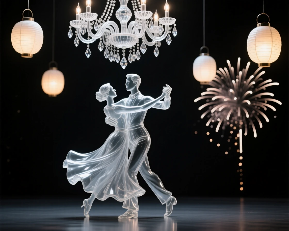 A ballroom couple mid-spin beneath a grand chandelier beneath a sky filled with softly glowing lanterns, while distant fireworks light up the night sky