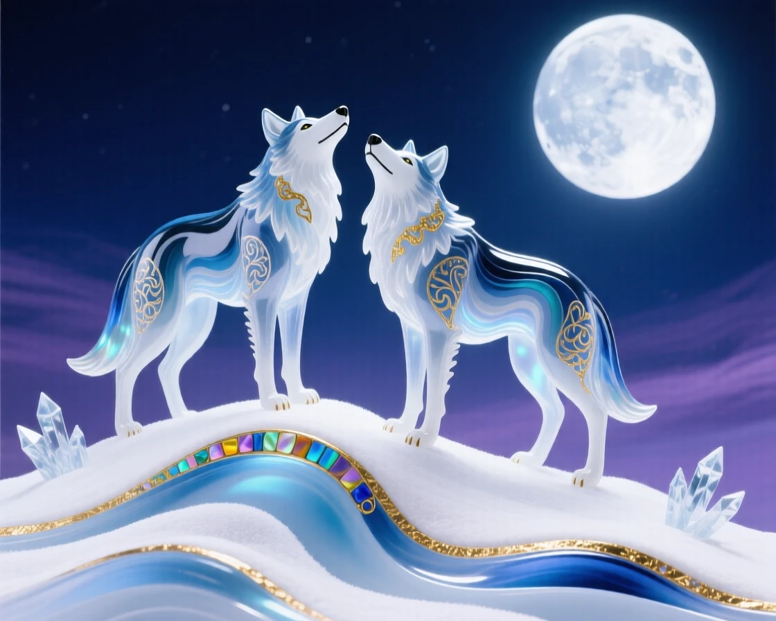 A pair of wolves standing together atop a snowy ridge under a full moon, powerful and bonded.