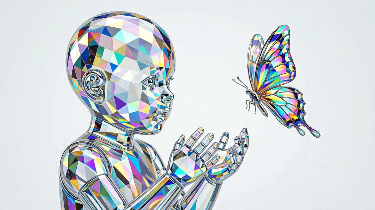 An android child gazing curiously at a real butterfly in a futuristic greenhouse.