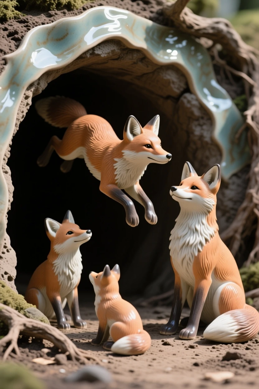 A family of foxes at a den entrance caught in a playful leap, dappled in shifting patches of sunlight, offering a serene glimpse into nature's stillness.