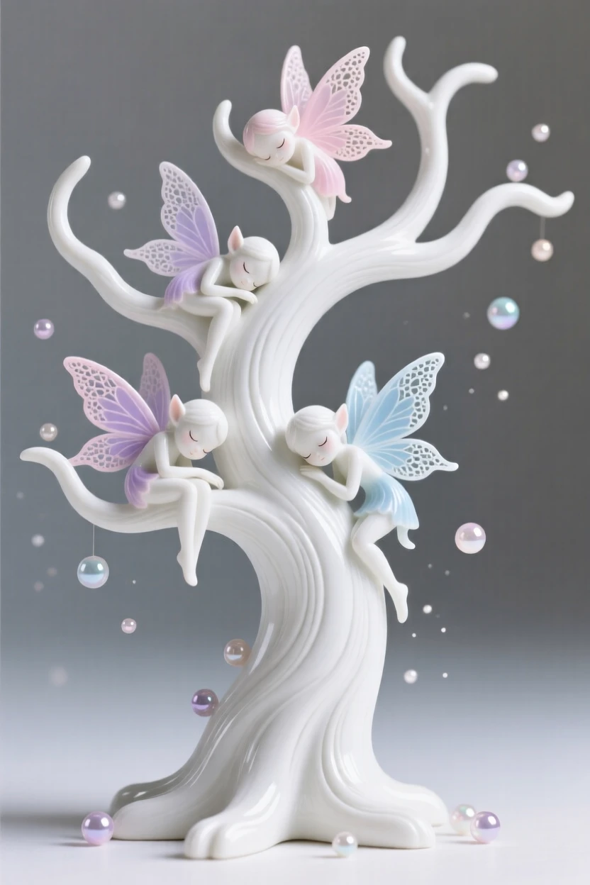 A magical tree whose branches hold sleeping fairies, sparkling motes of light drifting through the air.