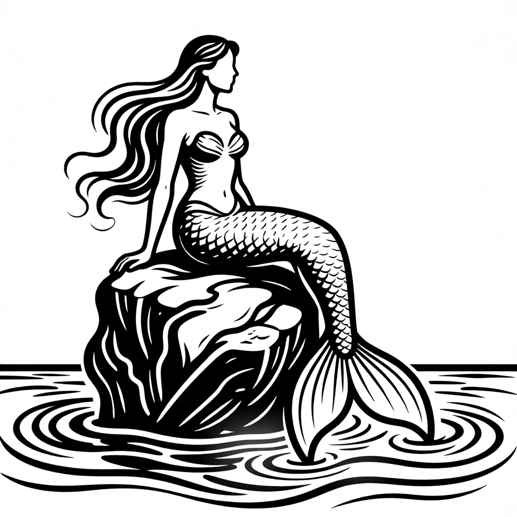A mermaid sitting on a rock at the edge of a bioluminescent lagoon.