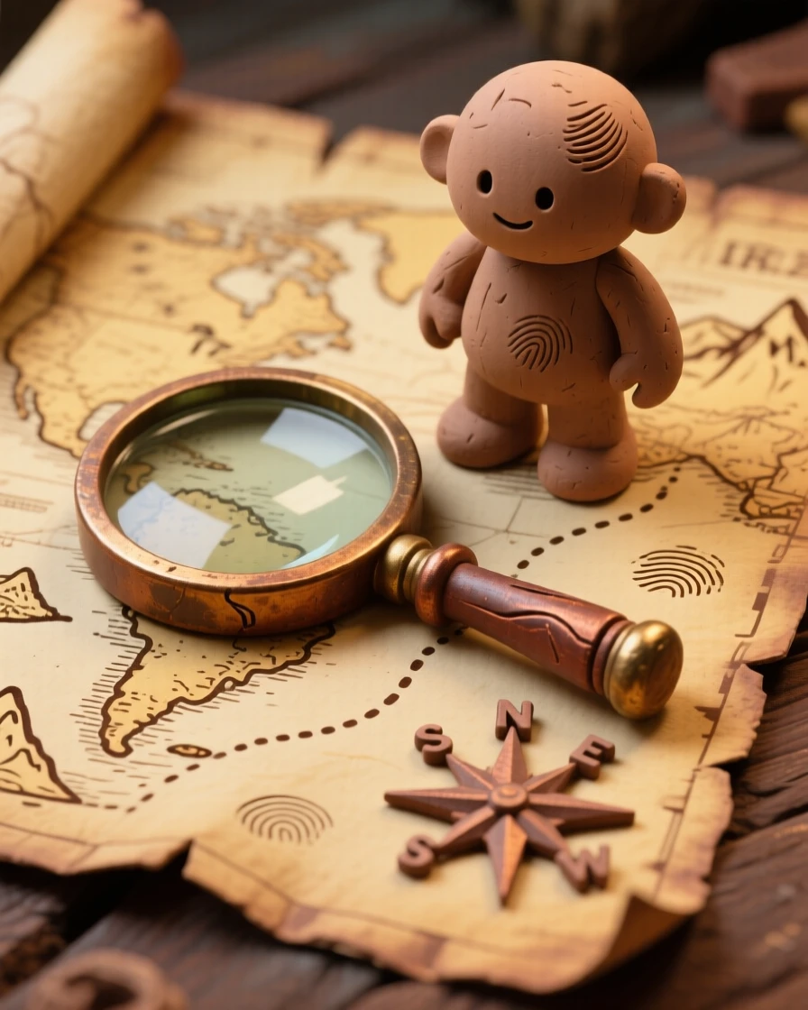 An antique magnifying glass resting atop a detailed treasure map