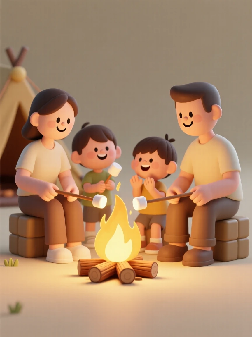 A delighted family roasts marshmallows together, golden light flickering across happy faces around a campfire.
