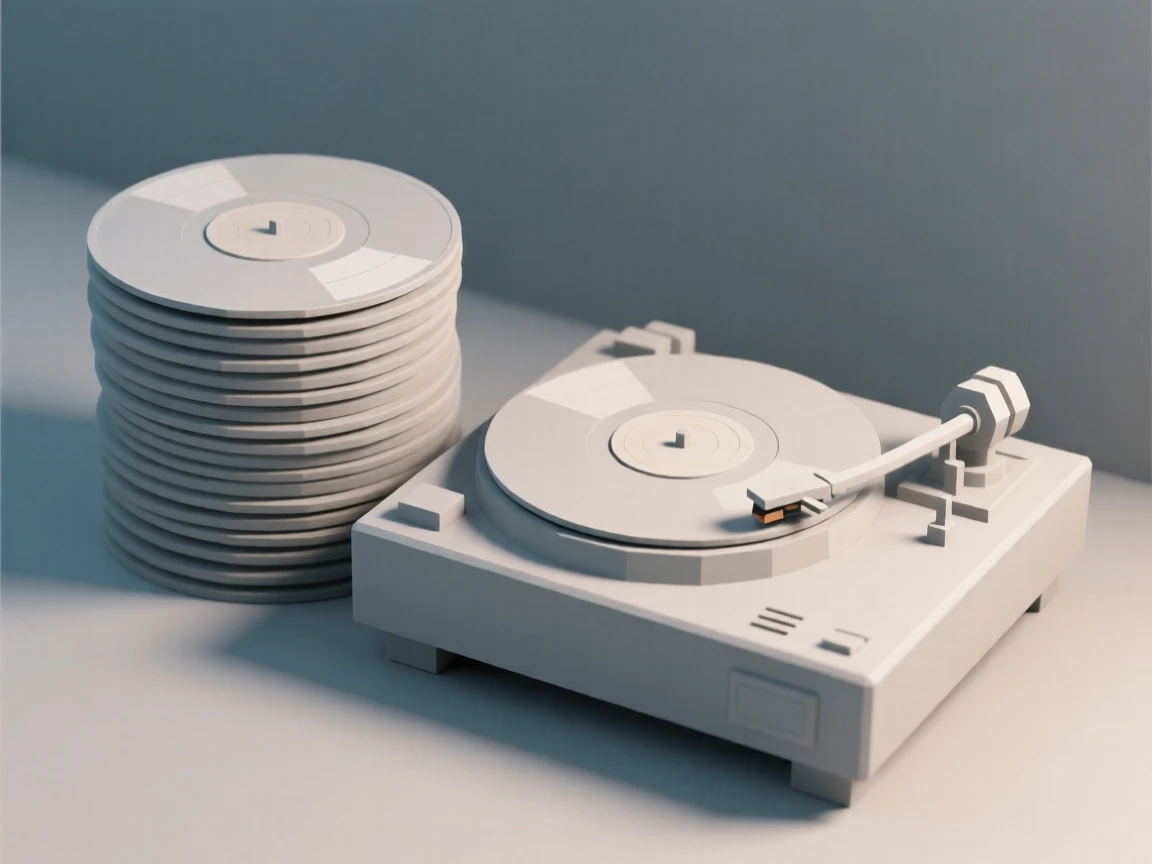 A stack of vinyl records beside an old turntable, surrounded by soft shadows. fine textures and material details are clearly visible. The atmosphere feels cozy and personal.