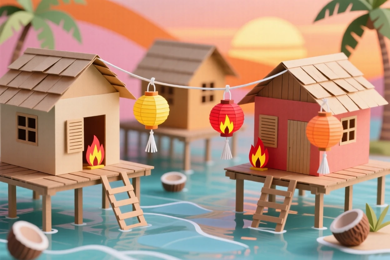 A tropical stilt village over clear water glowing warmly at sunset, with lanterns swaying gently in the breeze, evoking quiet, timeless beauty.