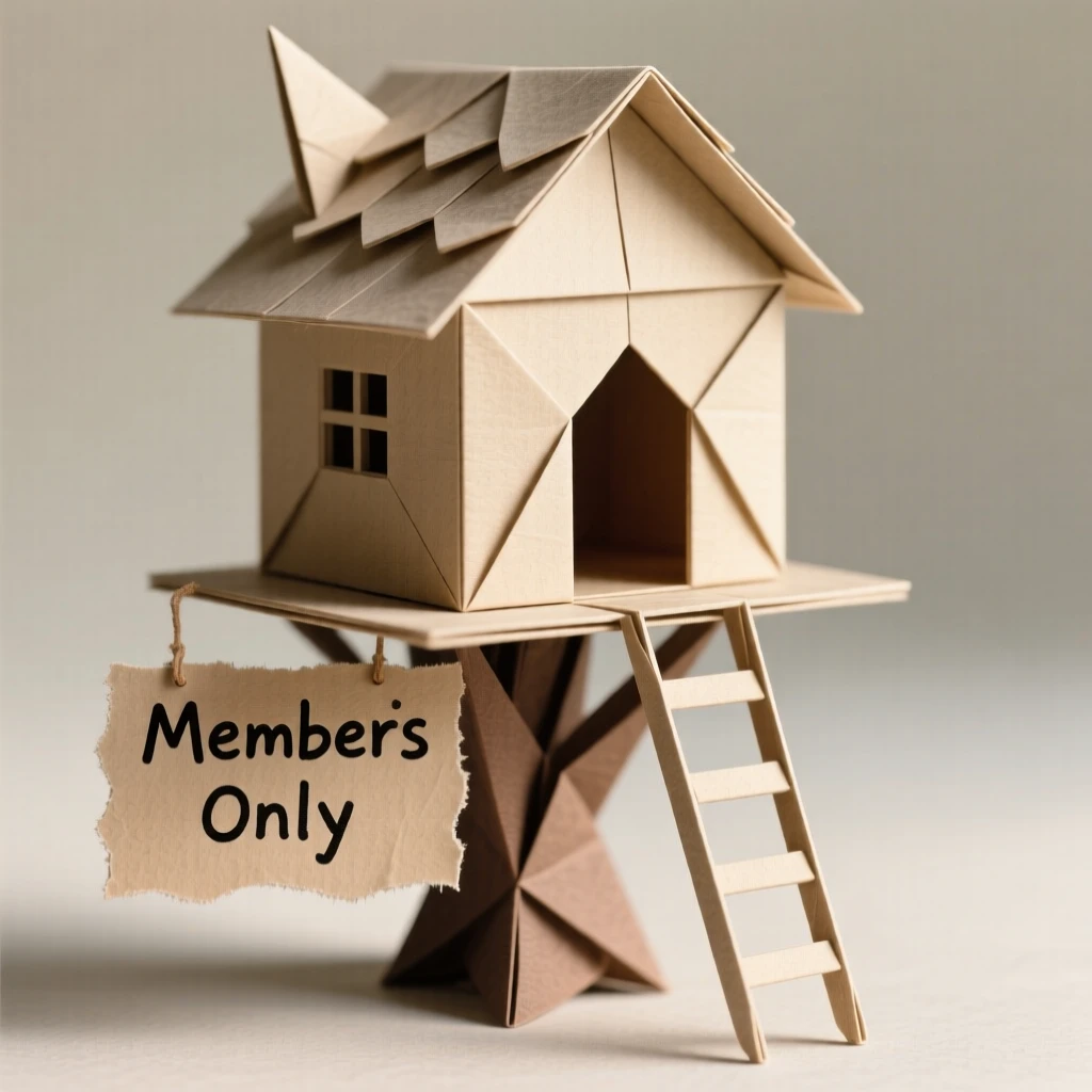 A child's treehouse clubhouse with a hand-painted sign reading "Members Only."