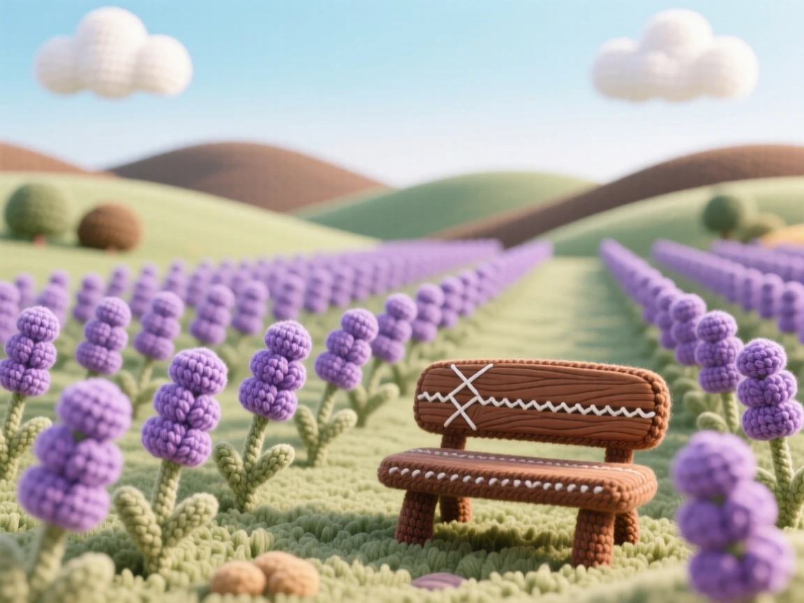 a field of lavender rows, swaying softly under an open sky, stretching toward distant rolling hills at the edge of a quiet, untouched wilderness; a single wooden bench resting nearby completes the scene, full of calm, restorative stillness.