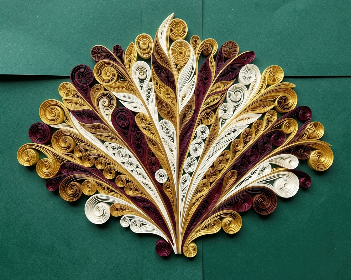 a fan-shaped arrangement of layered feathers, set against a deep emerald background, flowing in soft organic curves throughout, in shades of gold, ivory, and deep burgundy.