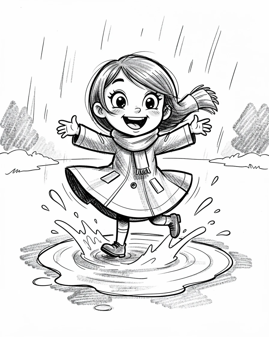A little girl twirling in a rain puddle on a snowy front yard.