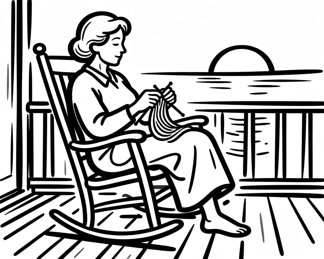 A grandmother rocking gently in a chair while knitting on a porch at sunset.