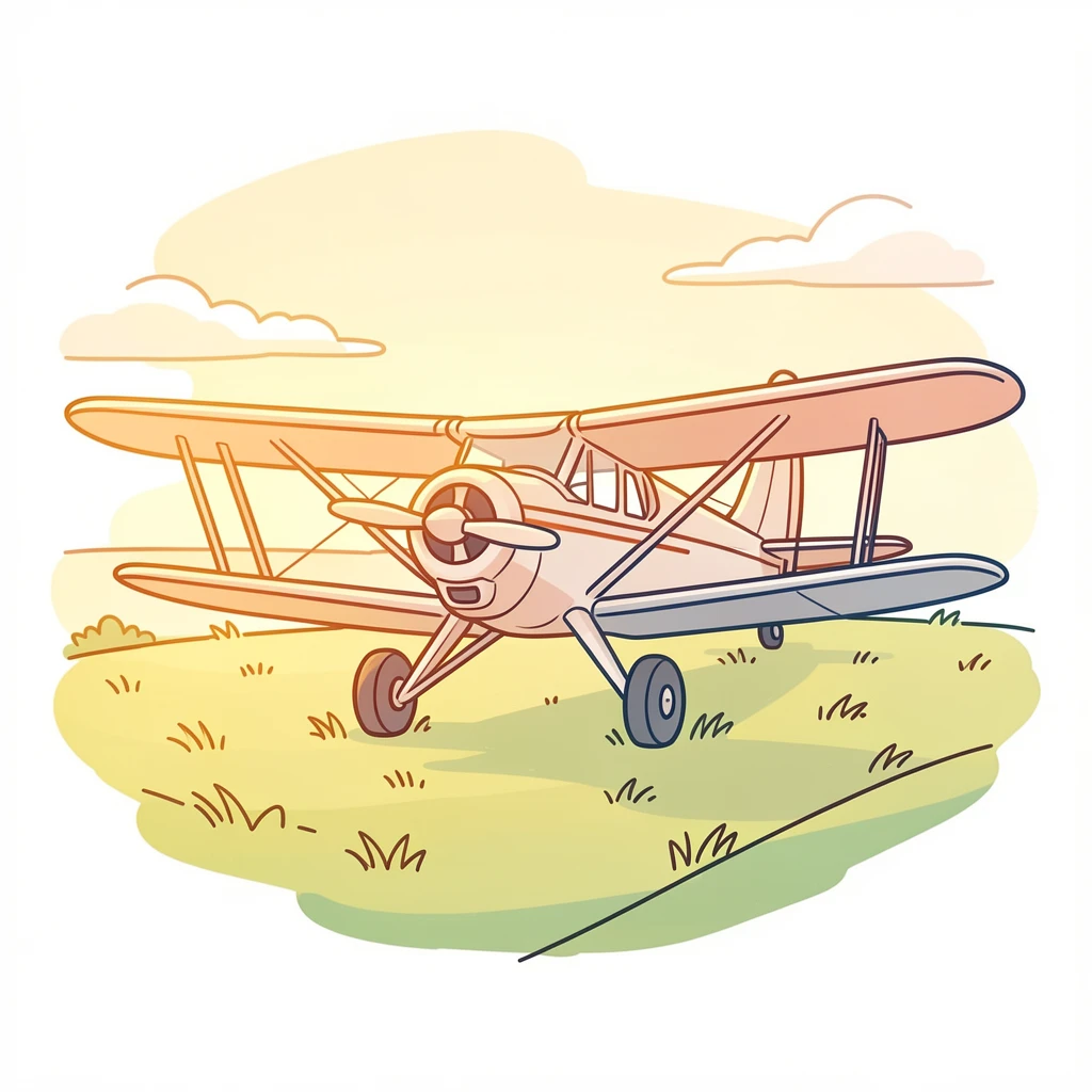 A vintage aircraft parked on a grassy airfield at golden hour.