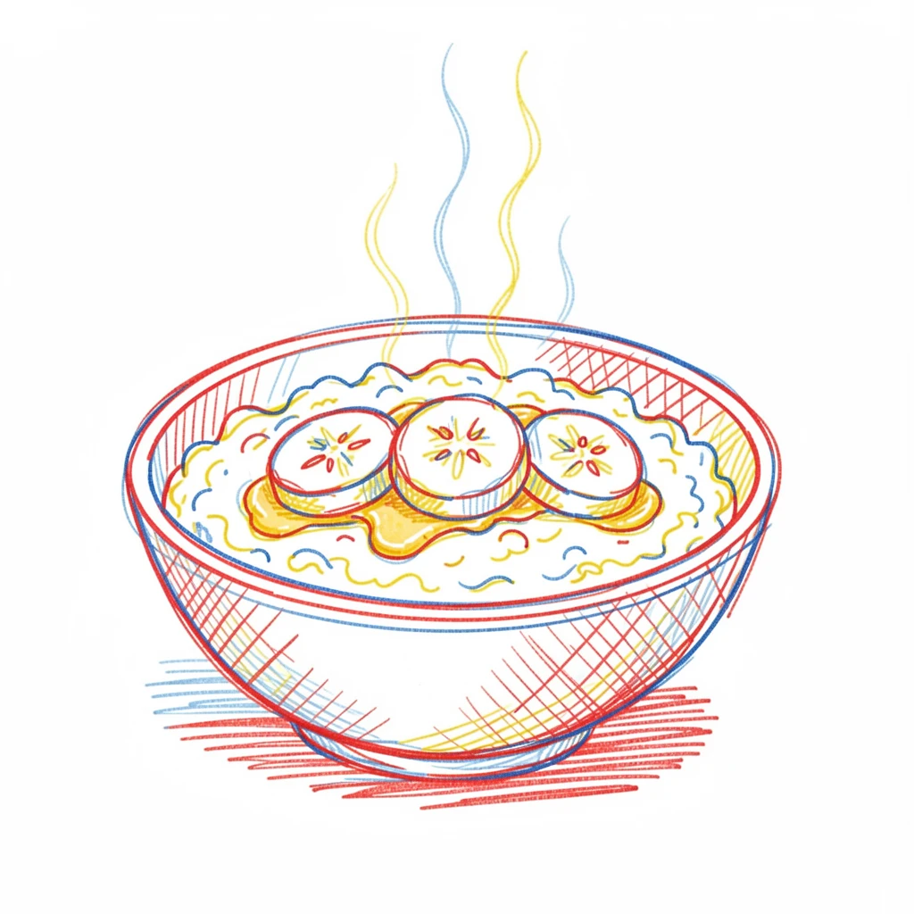 A steaming bowl of oatmeal topped with sliced bananas and honey