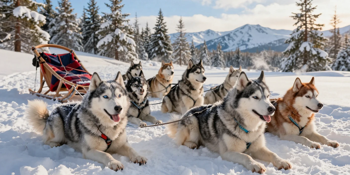 A husky team resting after a long snowy trek