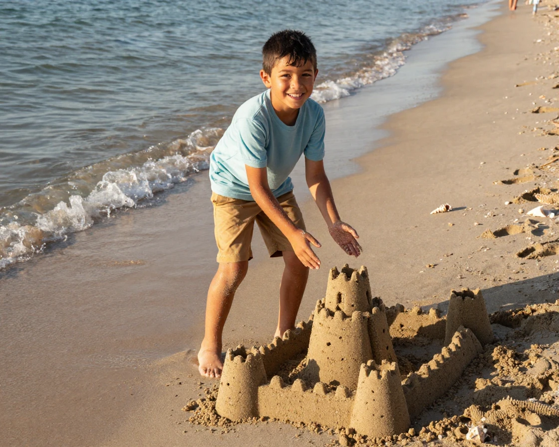 A boy proudly displays a sandcastle moments before a wave washes it away.