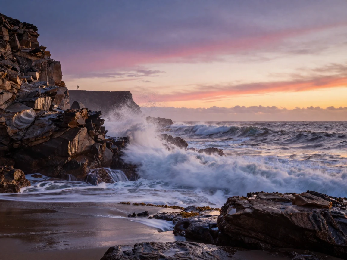 A rugged coastline battered by crashing waves at the break of dawn