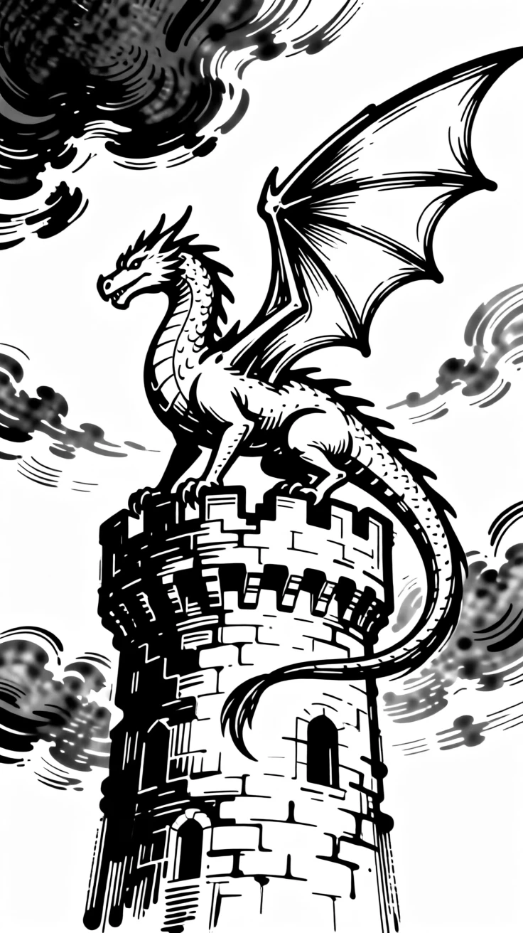 A dragon perched atop a crumbling castle tower, wings spread against a stormy sky.