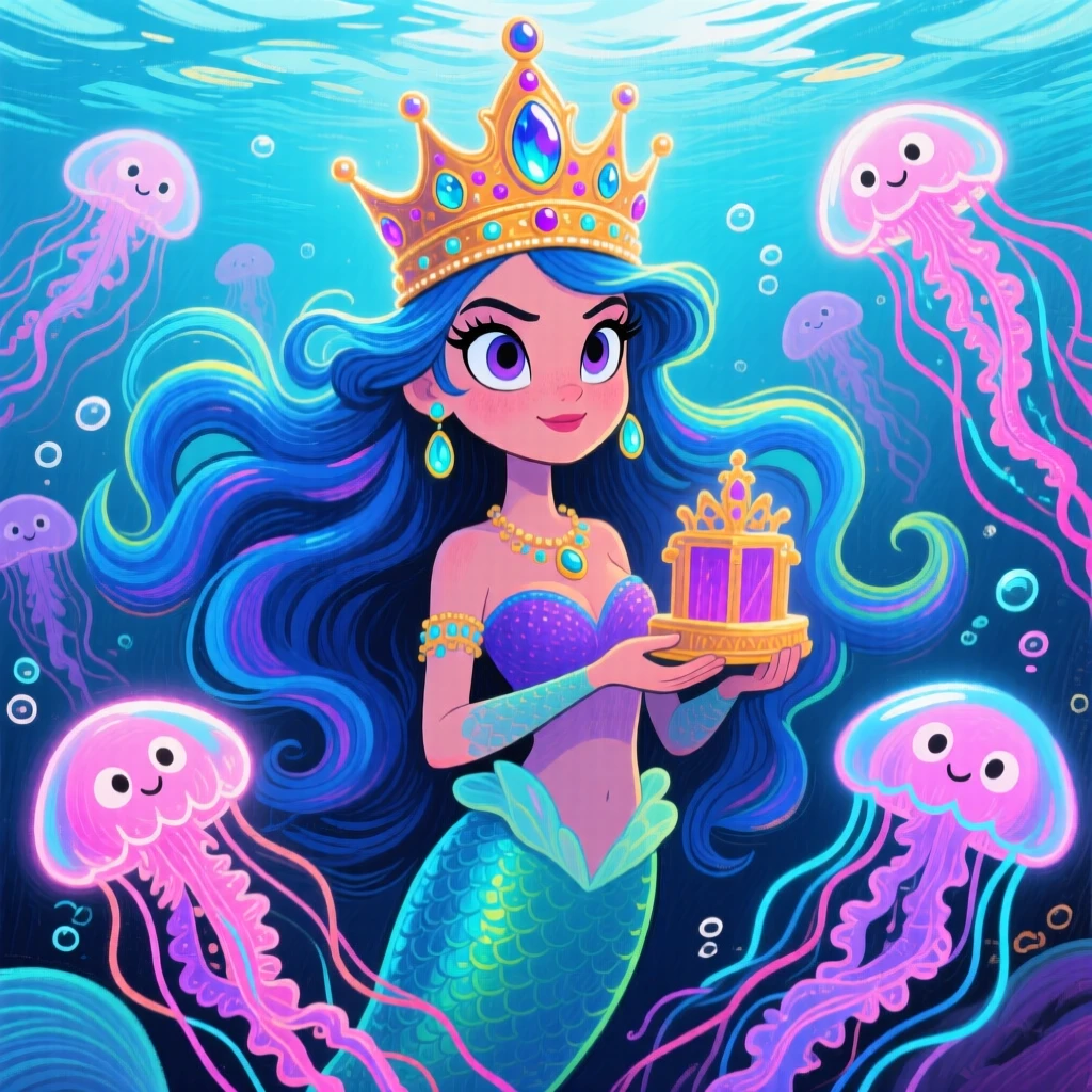 A mermaid queen holding court beneath the waves, surrounded by glowing jellyfish.