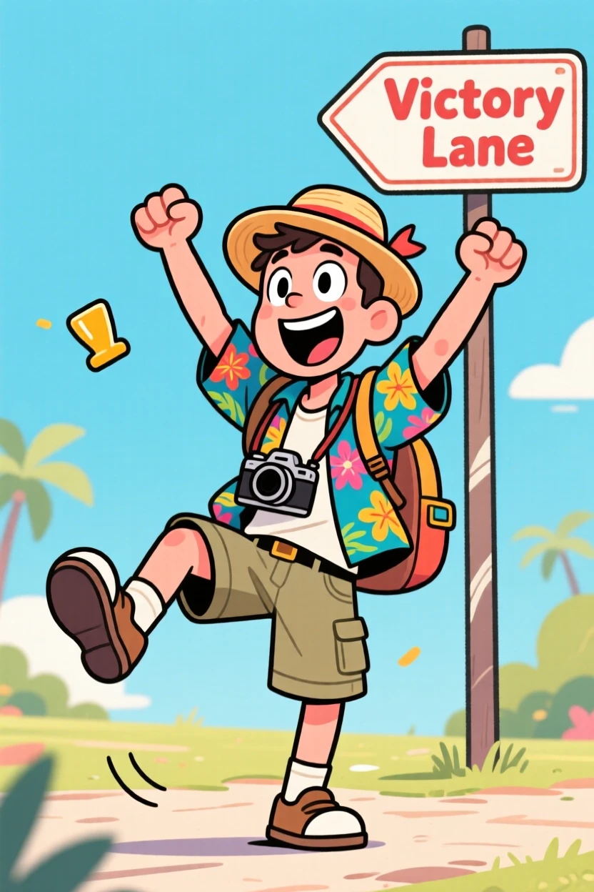 A funny expressive moment showing a tourist doing a triumphant victory dance after a small win, with wide eyes and an open-mouthed grin.
