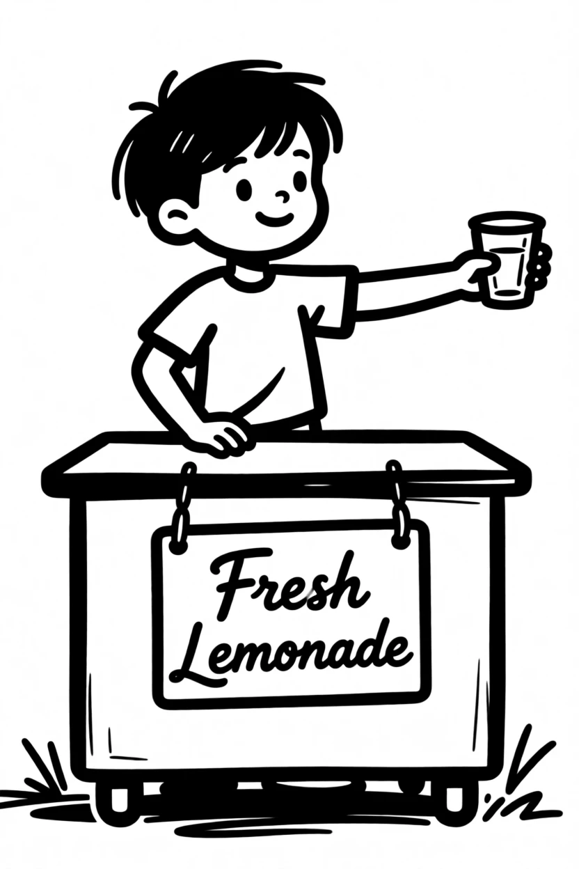 A child selling lemonade at a small roadside stand.
