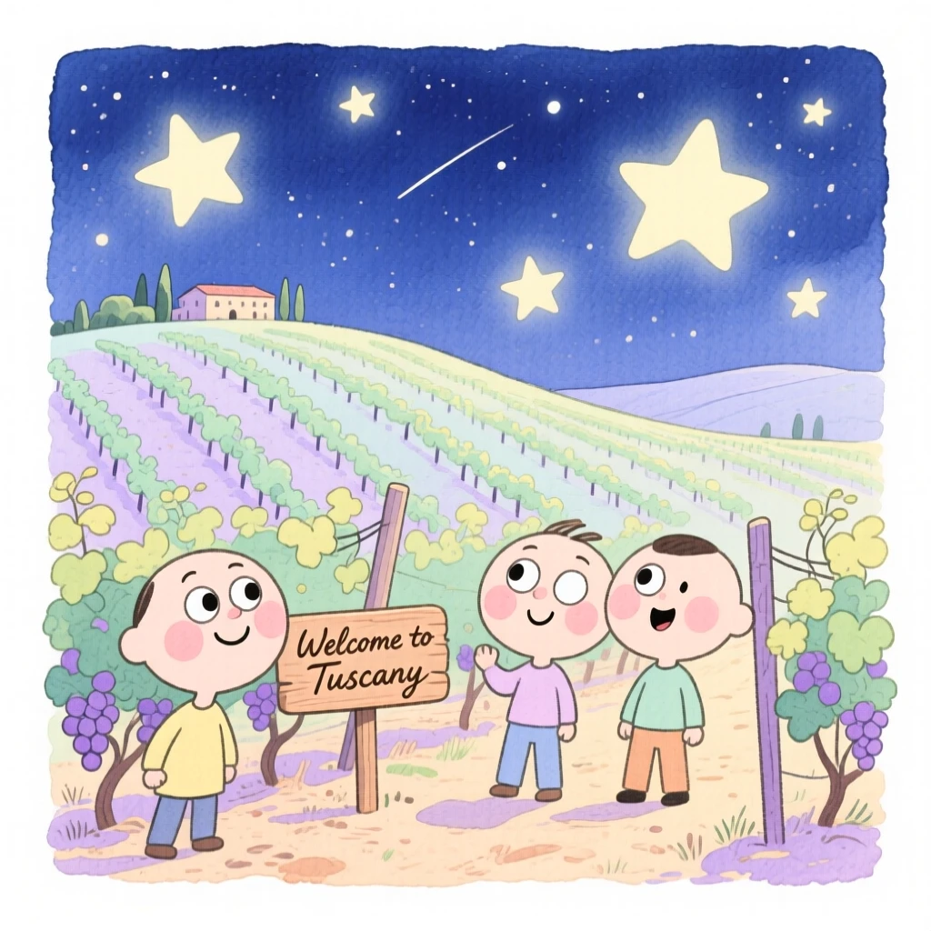 A dreamy travel postcard scene of a hillside vineyard in Tuscany under a starry night sky