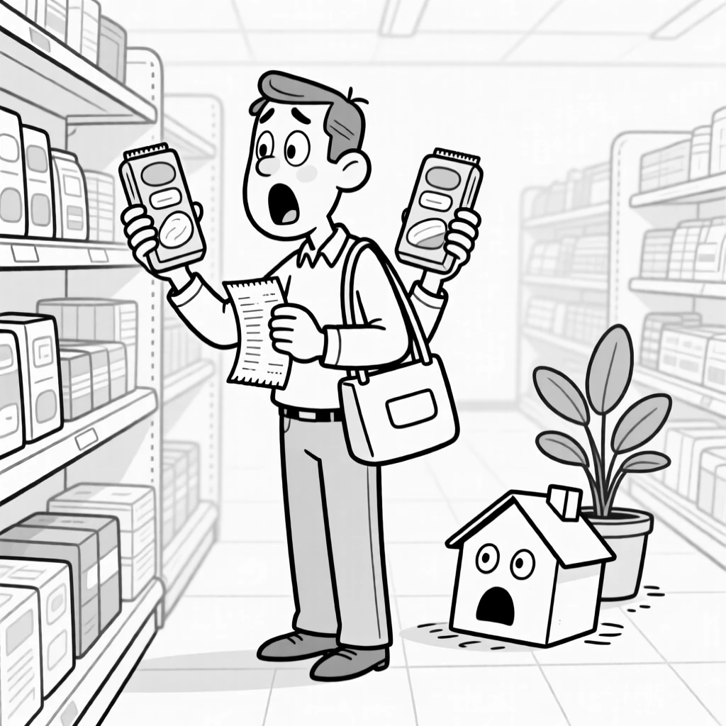 A shopper comparing two identical items with intense scrutiny, gasping and clutching the receipt like a horror prop, set in a supermarket aisle. A houseplant leans, seemingly startled too. It's the kind of relatable blunder everyone secretly recognizes.