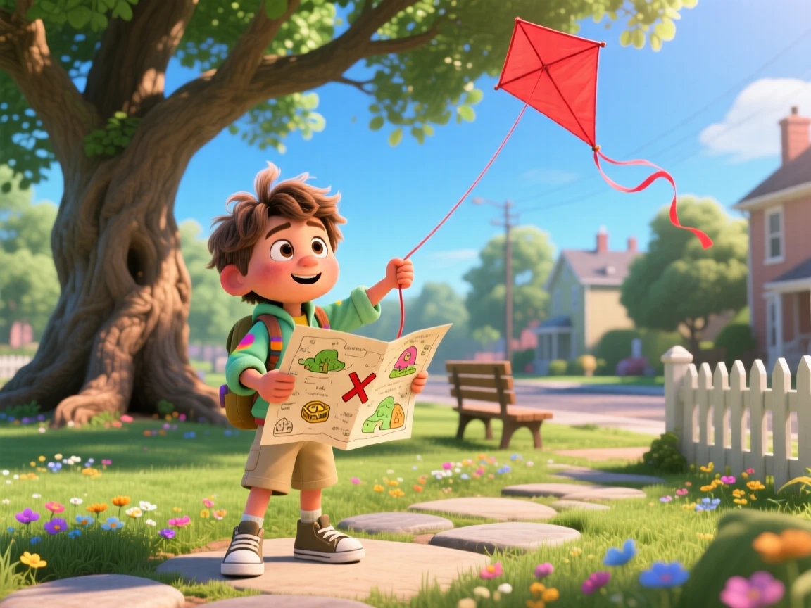 A young explorer following a hand-drawn treasure map takes place at a neighborhood park with a big old oak tree, with a kite string trailing off into the sky. The mood is playful, curious, and full of imagination.