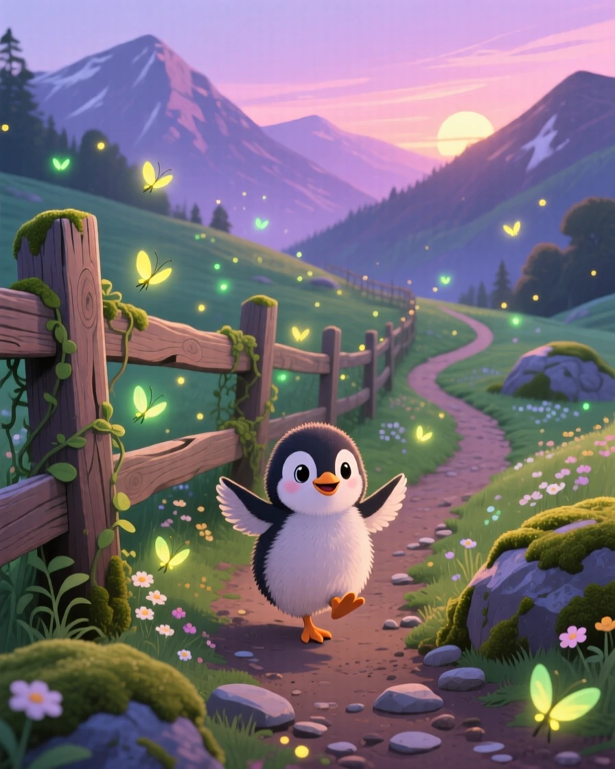 A waddling penguin chick is hopping along a wooden fence in a winding mountain trail, while fireflies begin to glow.