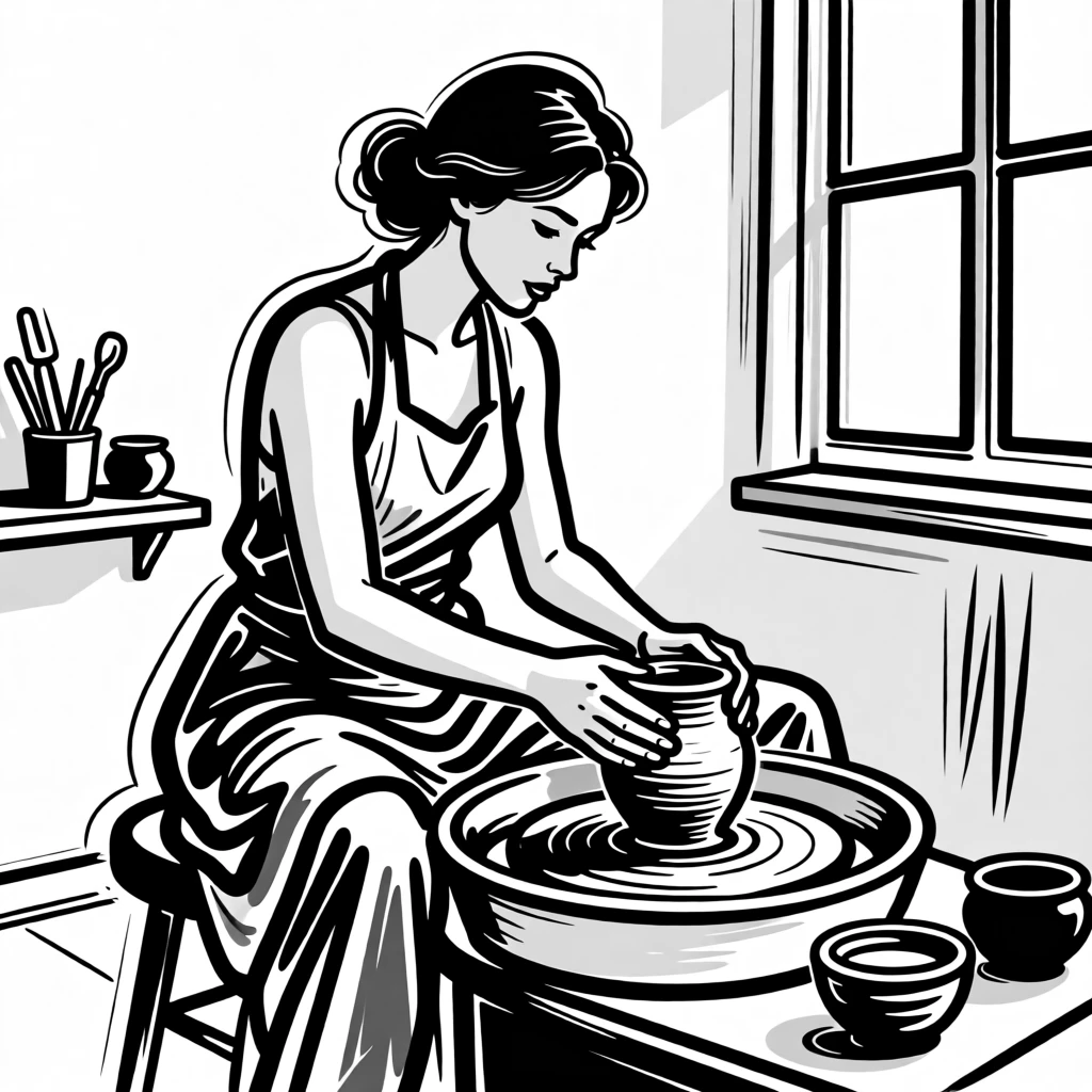A woman practicing pottery in a small home studio.