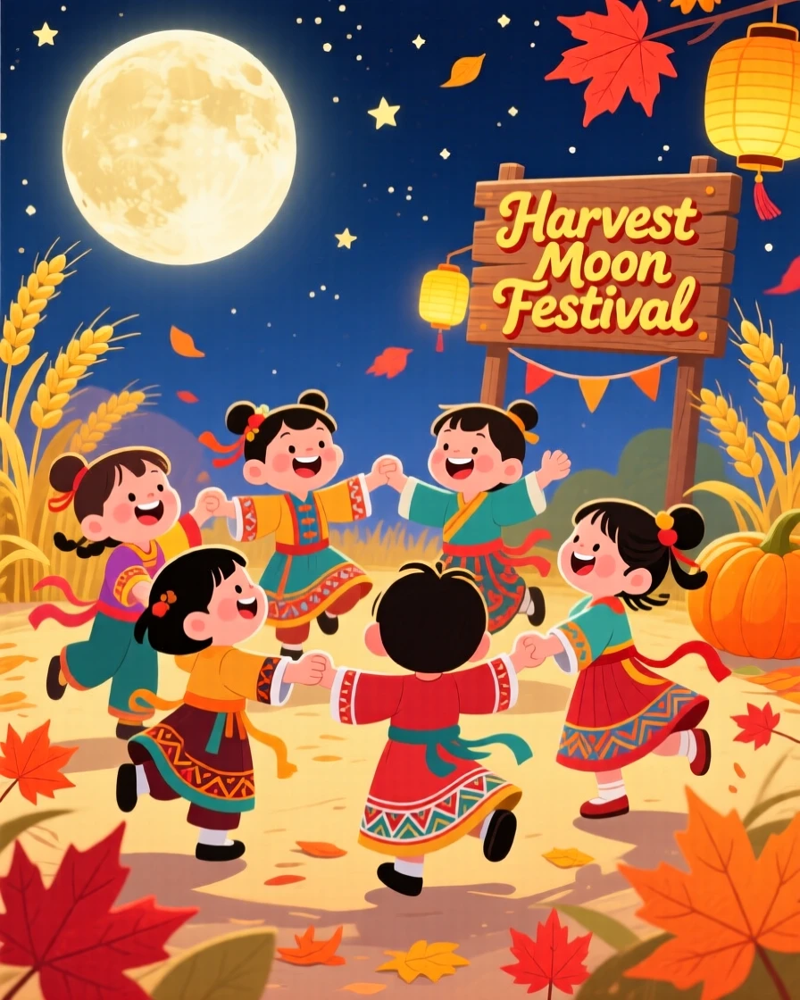 Children performing a traditional dance during a harvest moon festival.