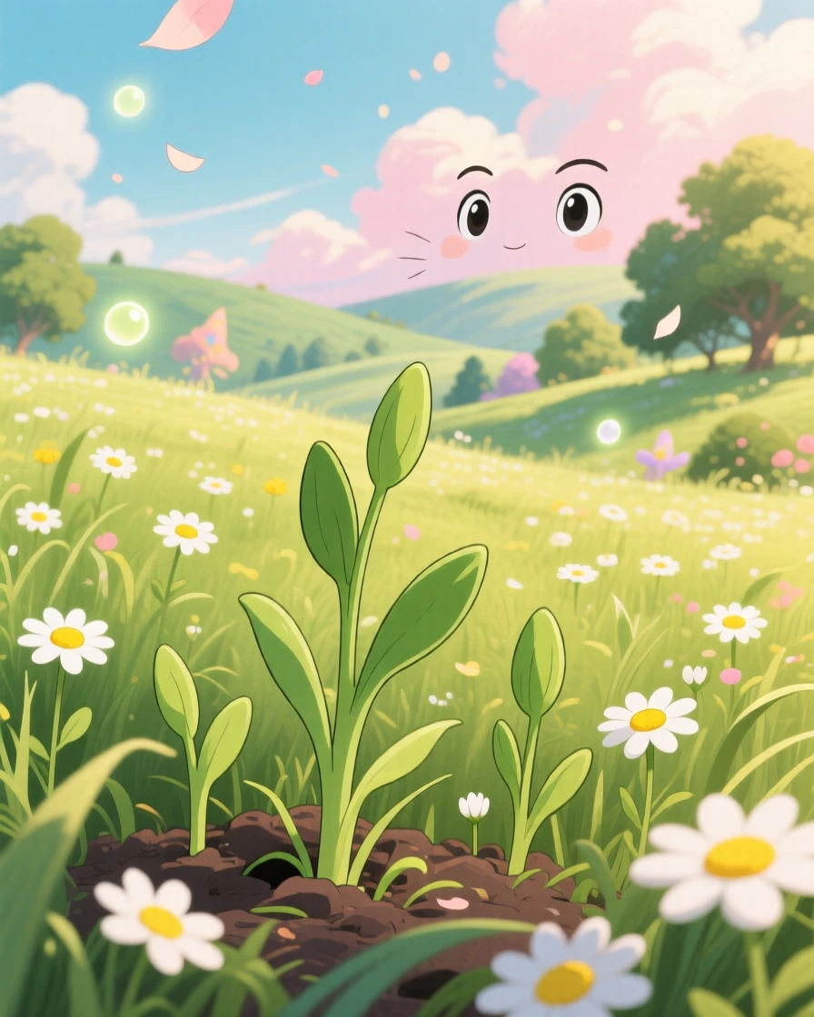 A spring scene of a meadow filled with fresh green shoots and scattered daisies, with a gentle breeze stirring the scene.
