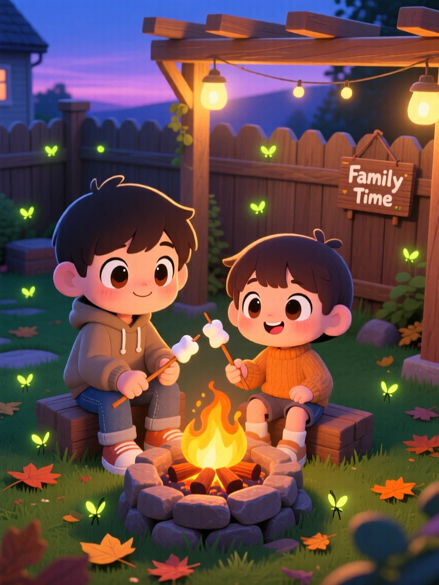 In a cozy backyard fire pit, siblings are roasting marshmallows together as fireflies begin to glow at dusk, bathed in warm lamplight, expression full of brave confidence. Shot as a bird's-eye view.