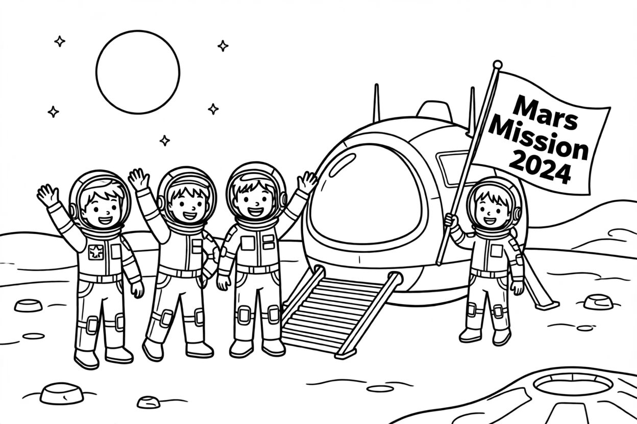 A spaceship crew celebrating a successful landing on Mars
