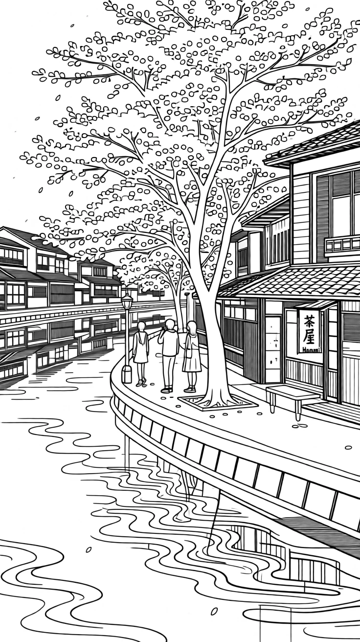 A cherry blossom-lined street in Kyoto, with a river reflecting the surrounding architecture.