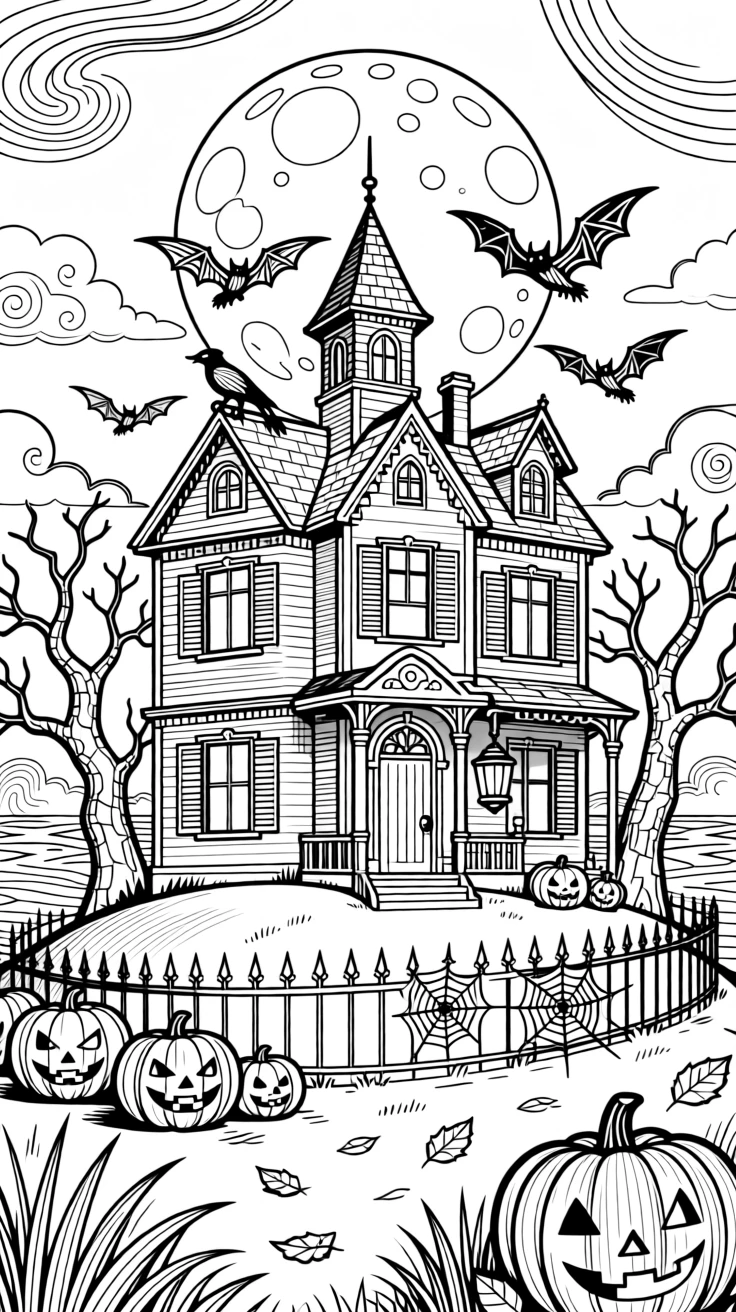 A Halloween haunted house scene with bats and a full moon overhead.