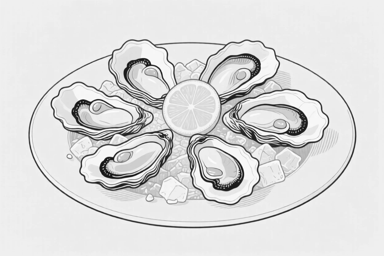 A plate of fresh oysters served on ice with lemon