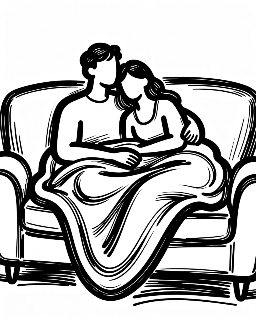 A couple watching a movie together under a blanket on the couch.