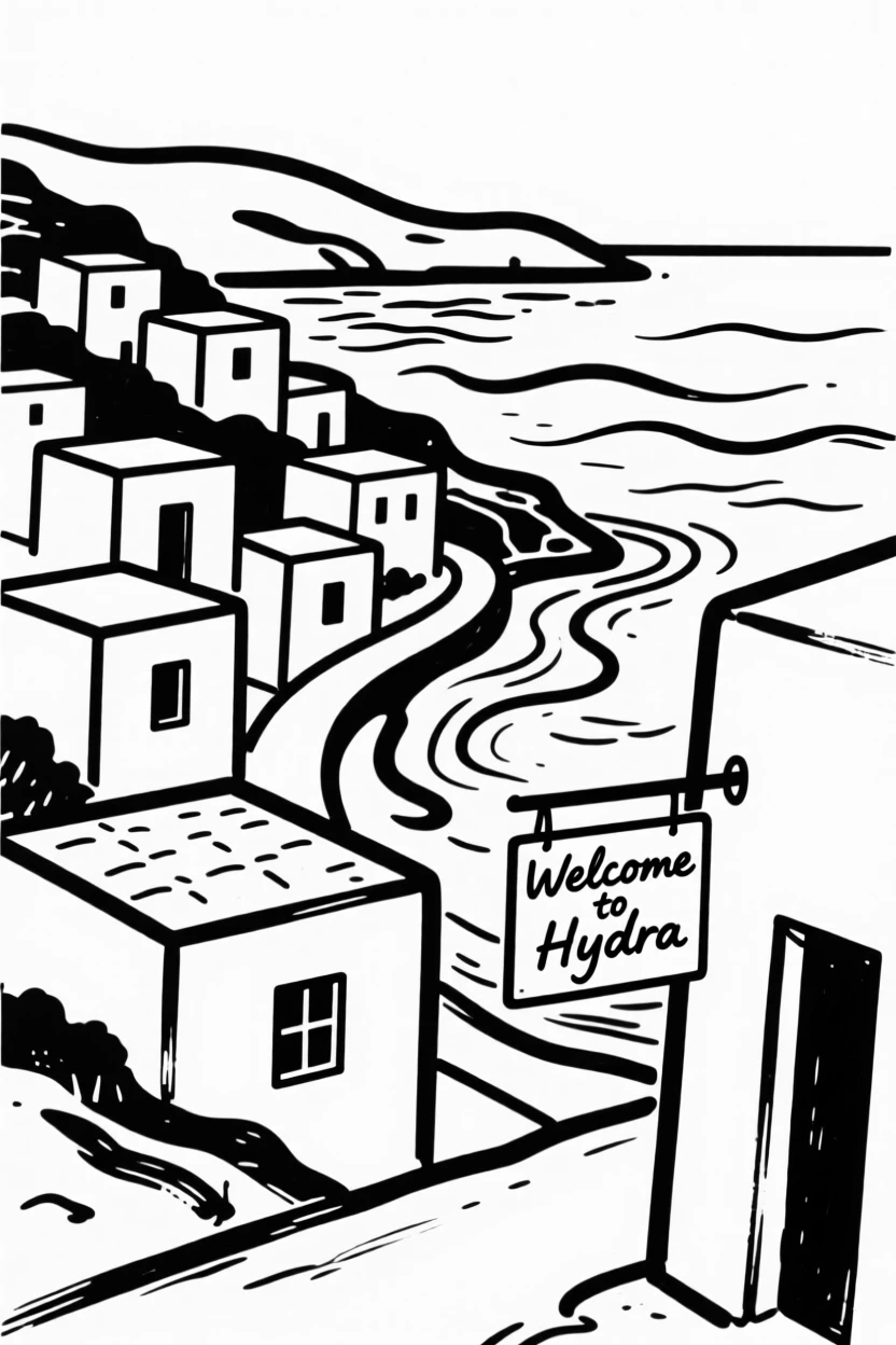 A Greek island village of white-washed buildings overlooking the blue Aegean Sea.