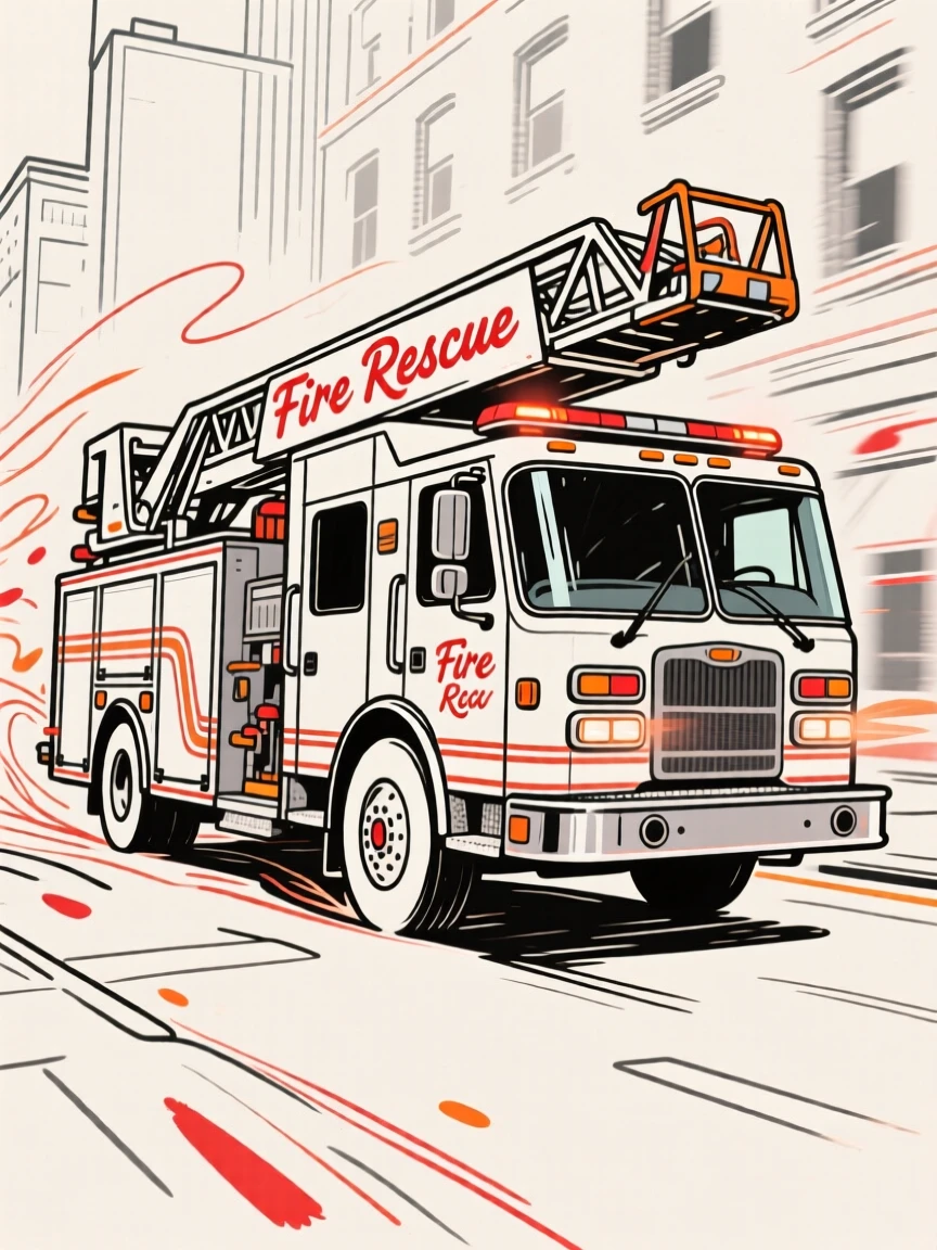 A fire truck racing through city streets with lights flashing.