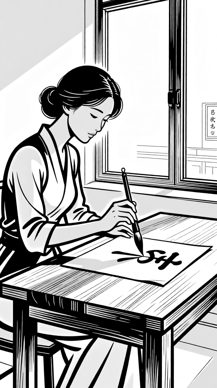A woman practicing calligraphy at a wooden desk by a window.
