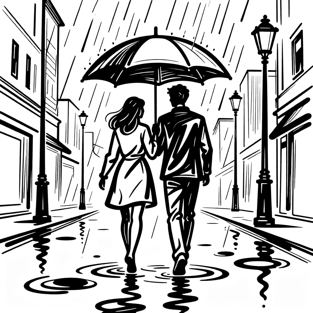 A young couple sharing an umbrella while walking through a rainy city street.