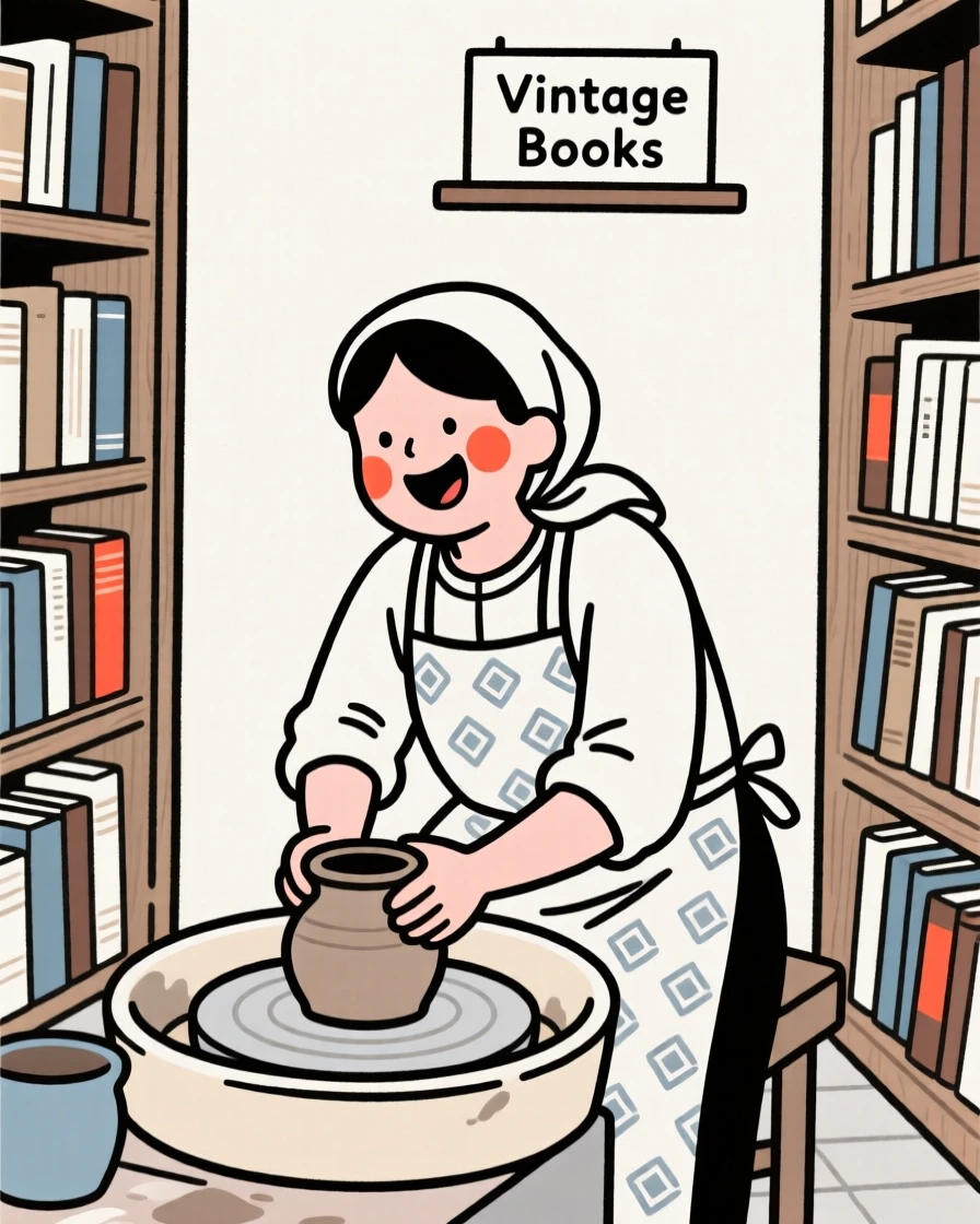 A potter of turkish heritage shaping clay on a wheel, laughing joyfully, inside a vintage bookstore.
