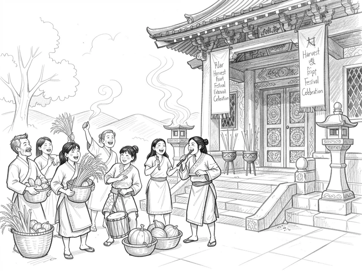A rich travel moment capturing villagers celebrating a harvest festival beside a sacred temple courtyard, with incense smoke curling gently upward.