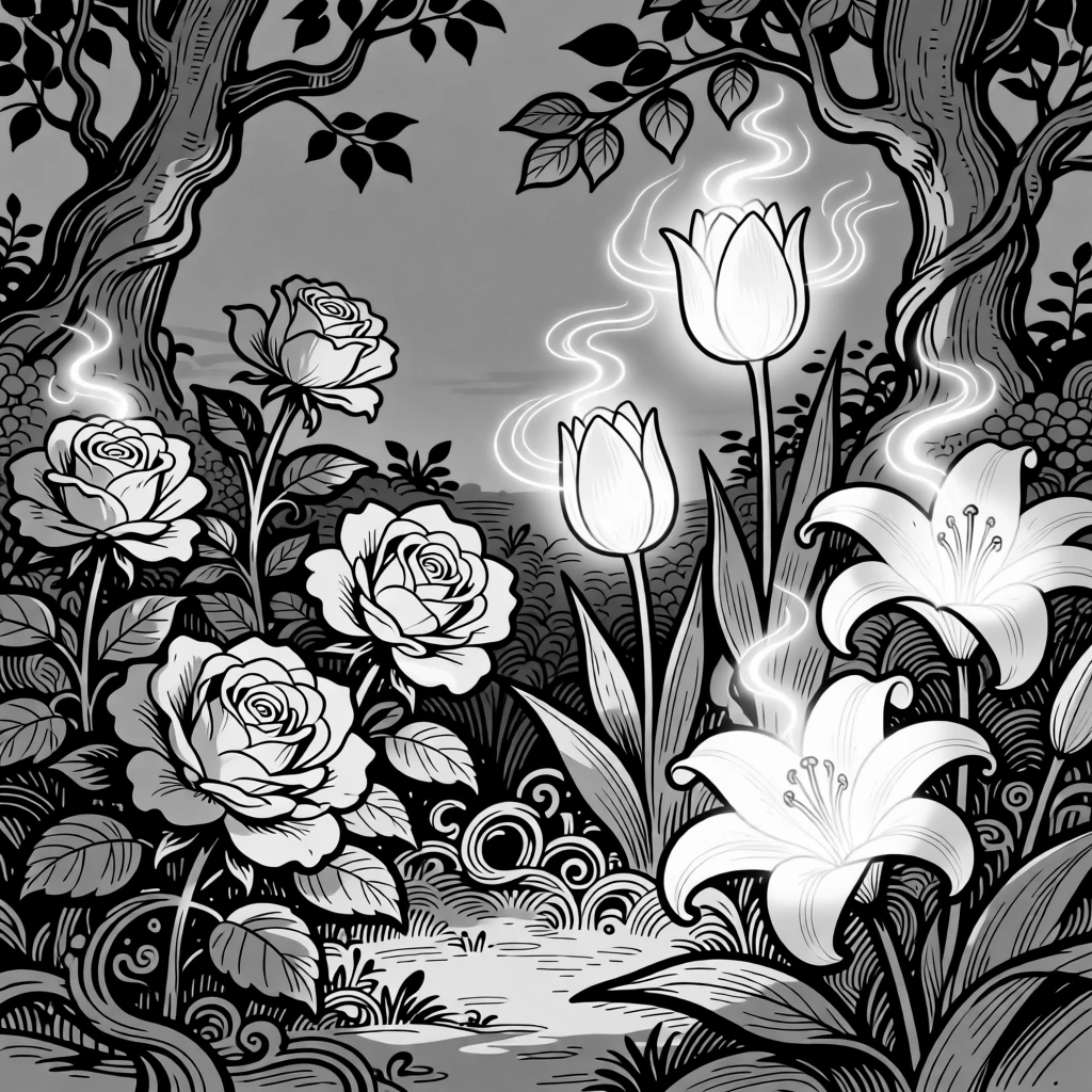 An enchanted garden where flowers glow softly with their own inner light.