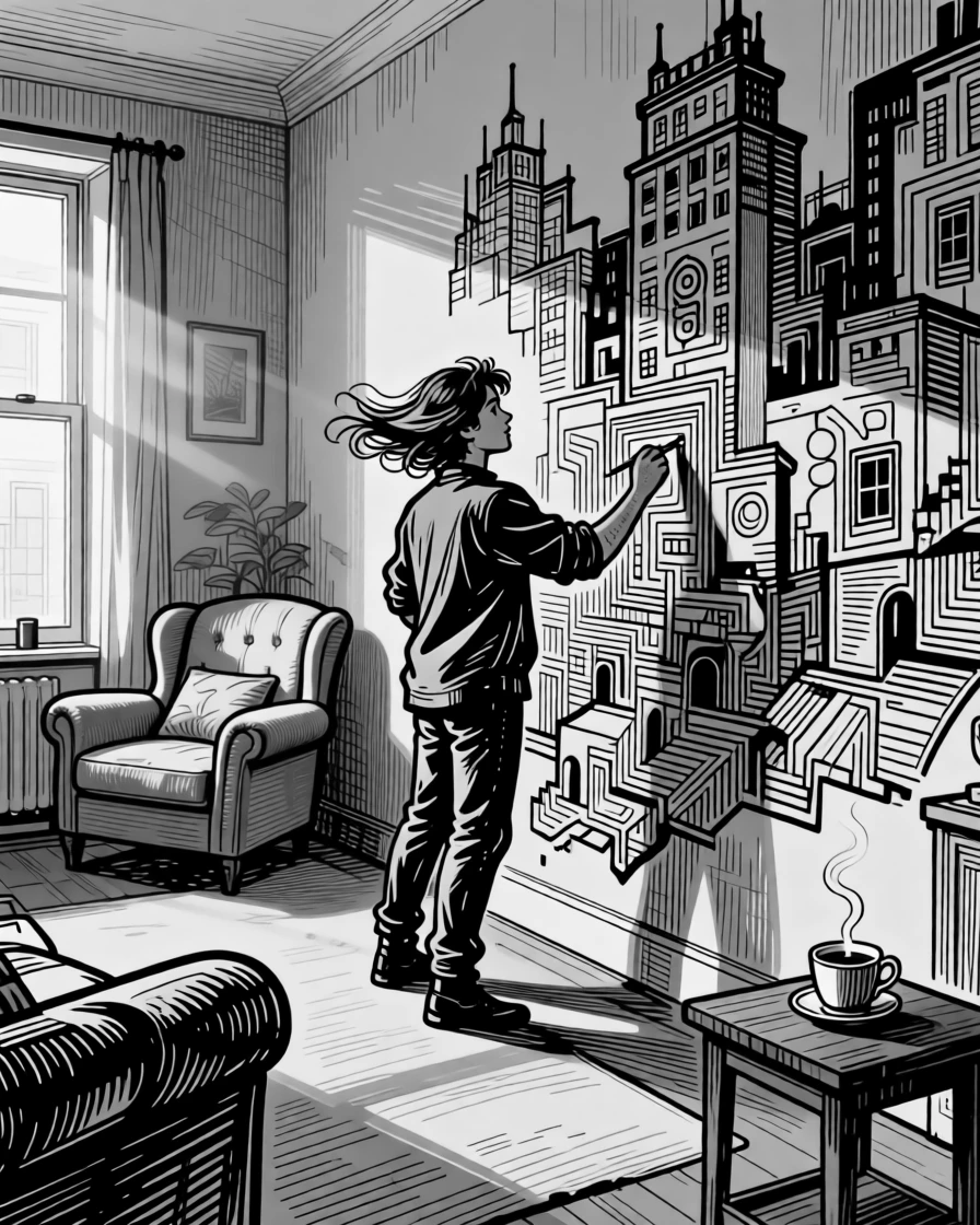 A street artist painting a mural within a warmly lit living room, with a gentle breeze moving through their hair, creating a wistfully sweet lifestyle scene.