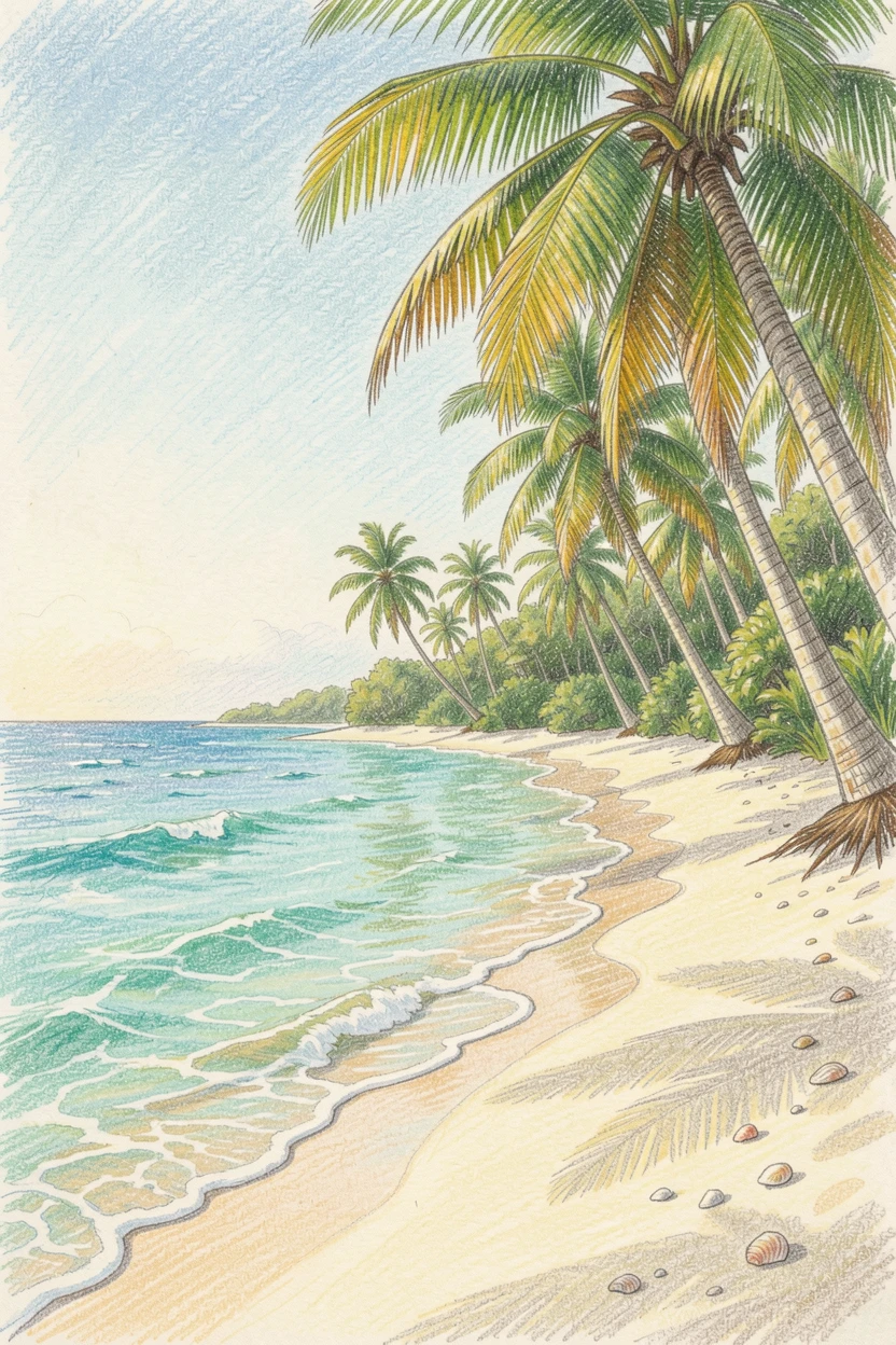 A tropical island beach with crystal water and swaying palms, with soft, natural light bringing warmth to every detail, radiating comfort, joy, and quiet beauty.
