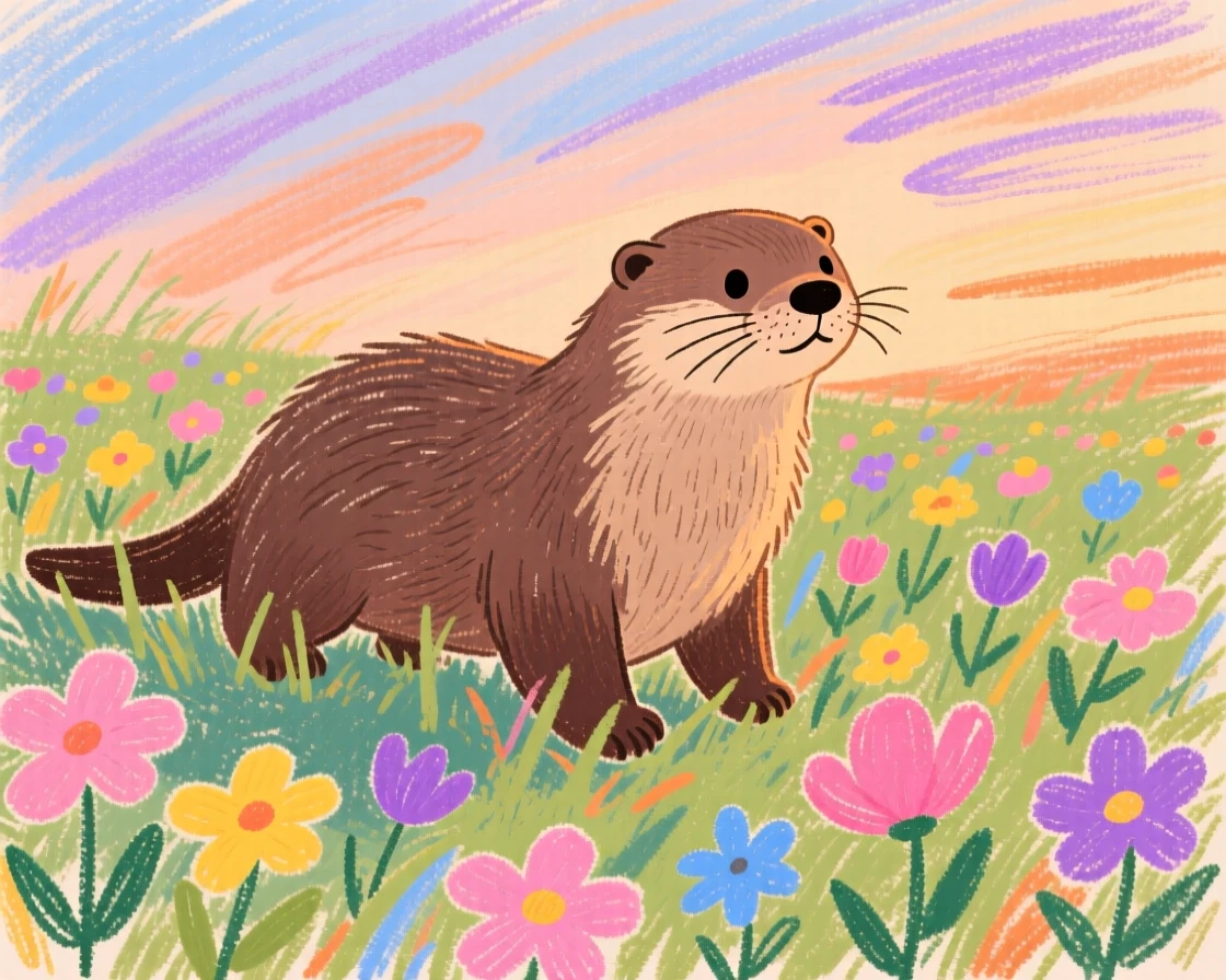 A mother otter wandering through a field of wildflowers at dusk.