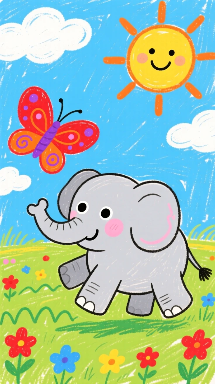 A baby elephant chasing a butterfly across a sunny field.
