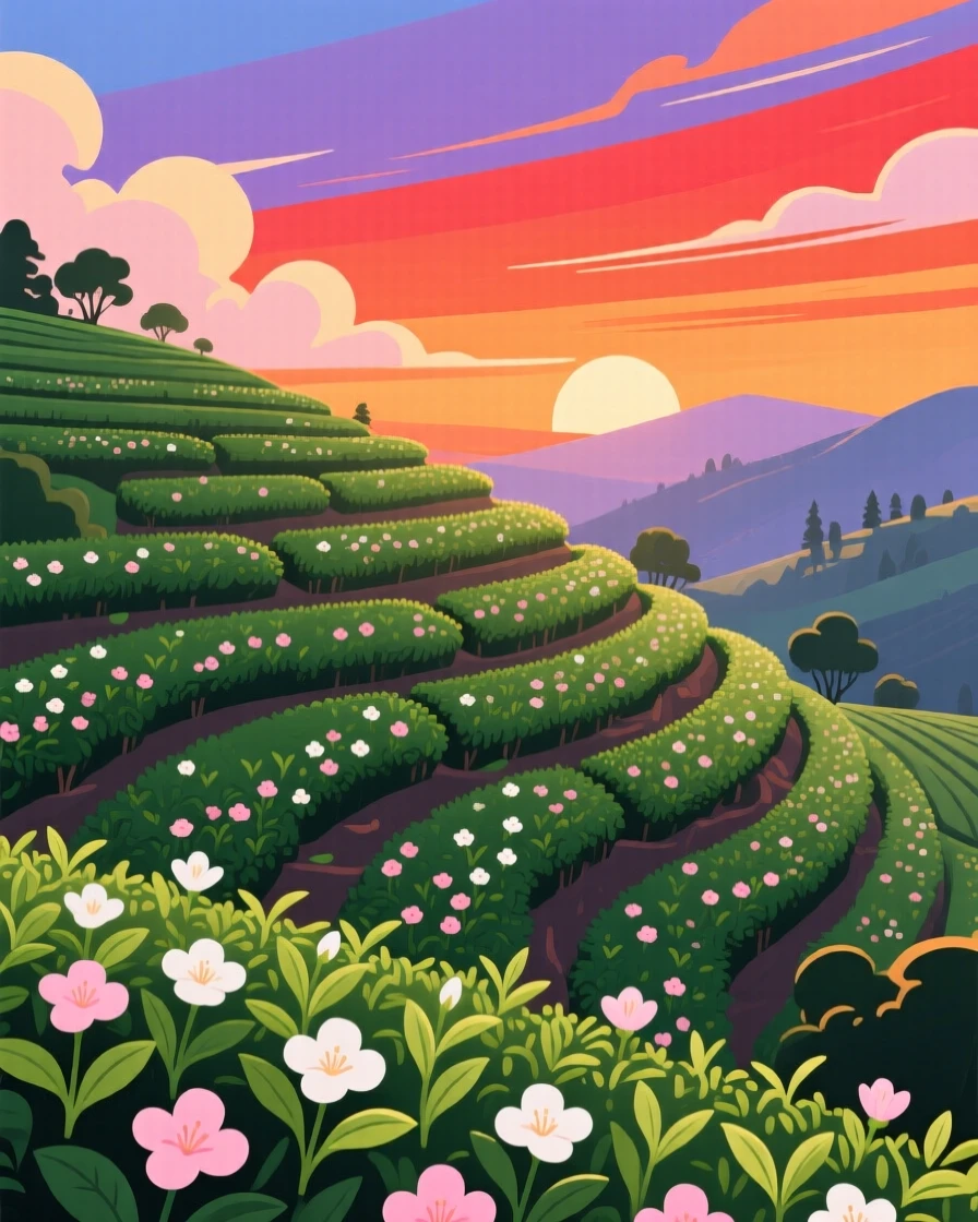 A colorful hillside terrace covered in blooming tea plants, under a dramatic sunset sky, captured from a scenic elevated viewpoint, with a nostalgic, postcard-like charm.