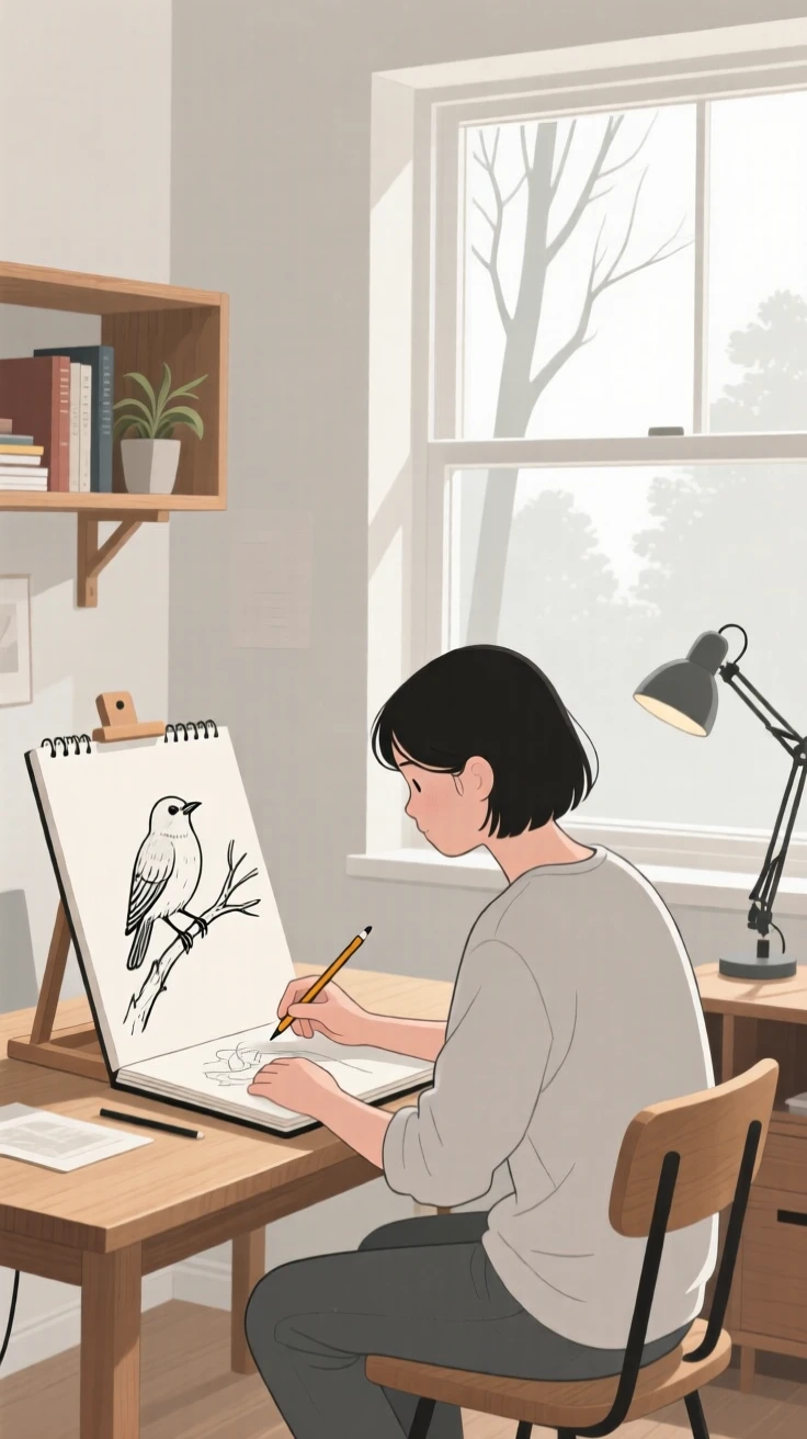 A person sketching wildlife in a quiet home studio.